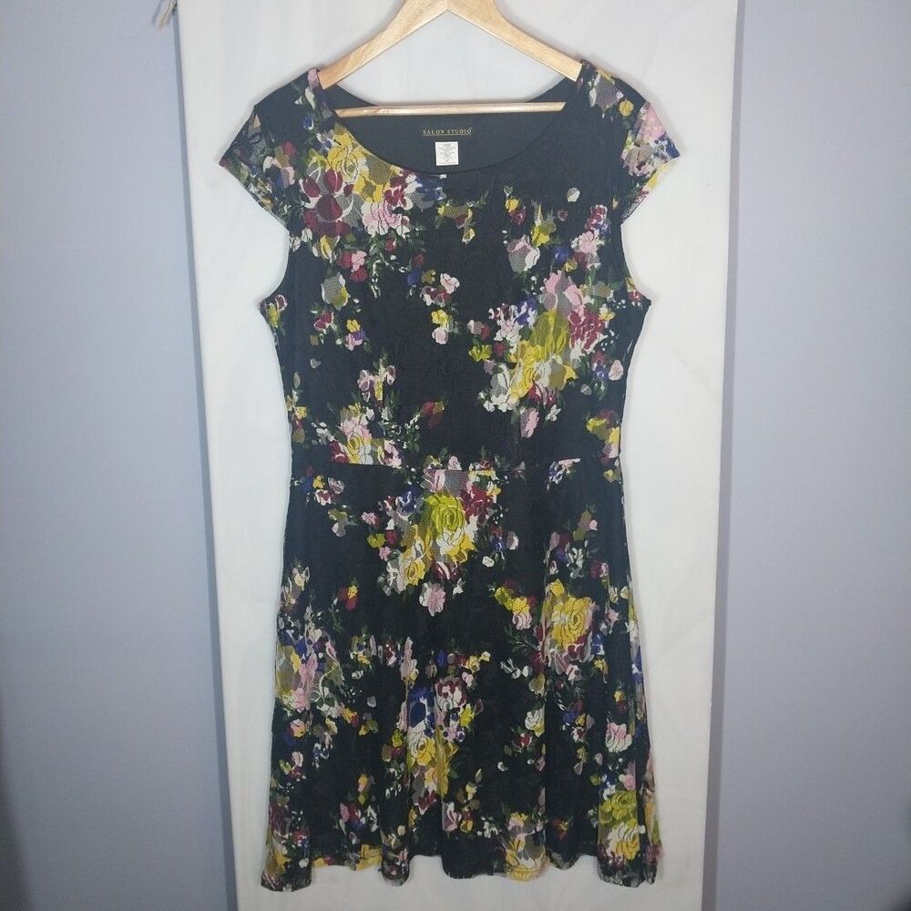 Floral Lace Overlay Fit Flare Dress Large Petite Wedding Guest Black Multicolor